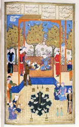 Porträtt av barnet, Rustam visat för sin farfar Sam, illustration från Shahnama (Kungarnas bok), av Abul-Qasim Manur Firdawsi (c.934-c.1020) c.1440-45 (penna, bläck och guld på veläng) )